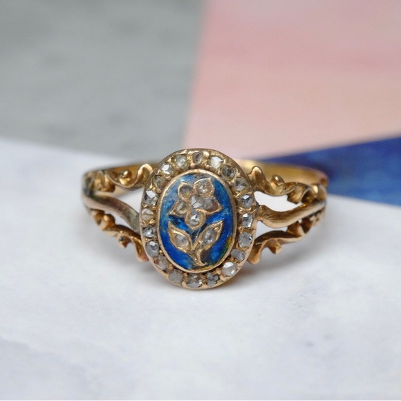 19th century 15k Gold Forget Me Not Diamond & Blue Enamel Ring - Picture 2 of 13